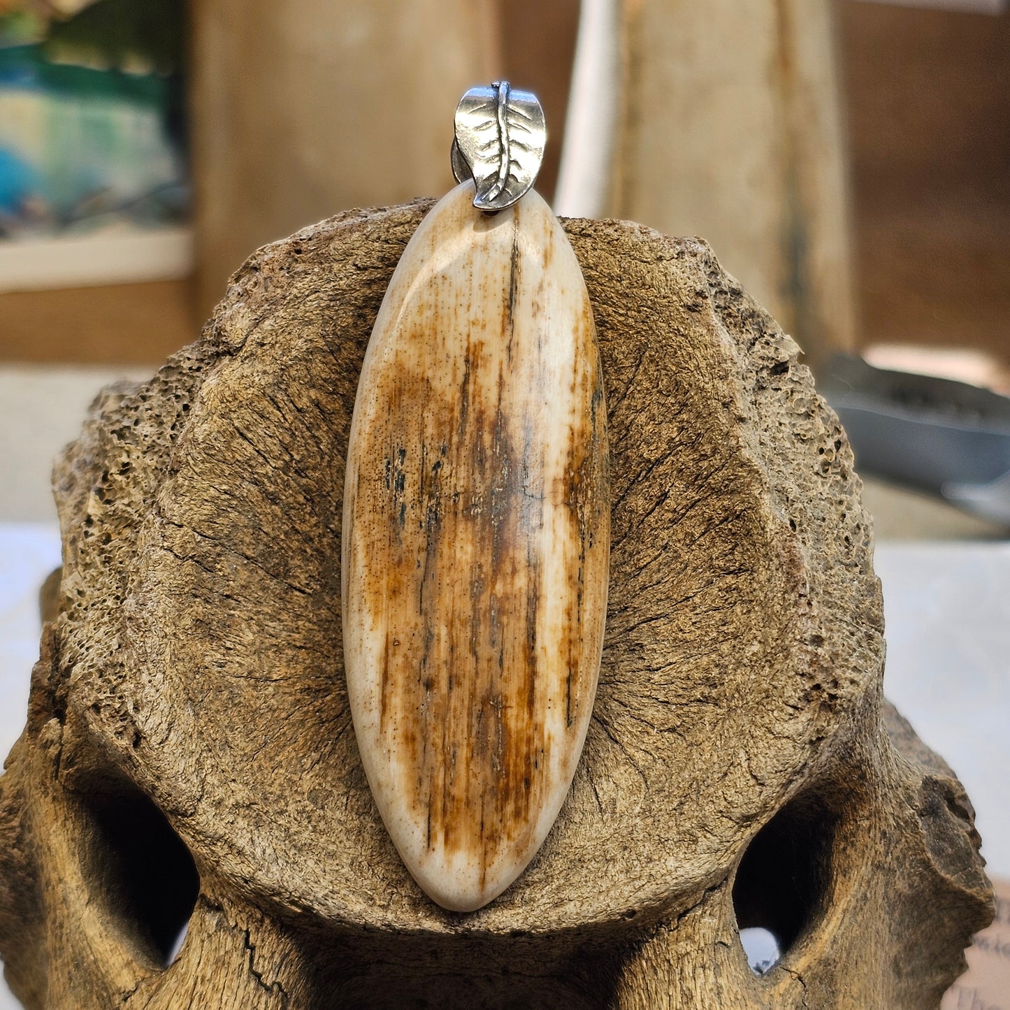 Boneyard Alaska Woolly Mammoth Ivory Oval Pendant with Silver Leaf Bale