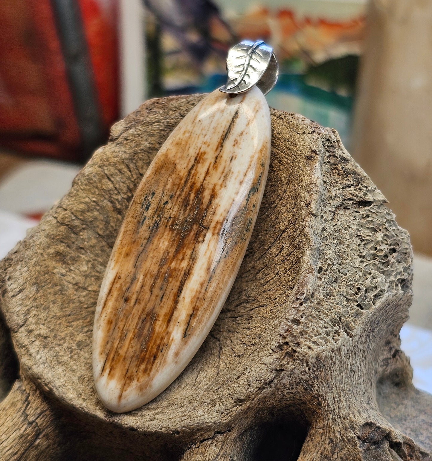 Boneyard Alaska Woolly Mammoth Ivory Oval Pendant with Silver Leaf Bale