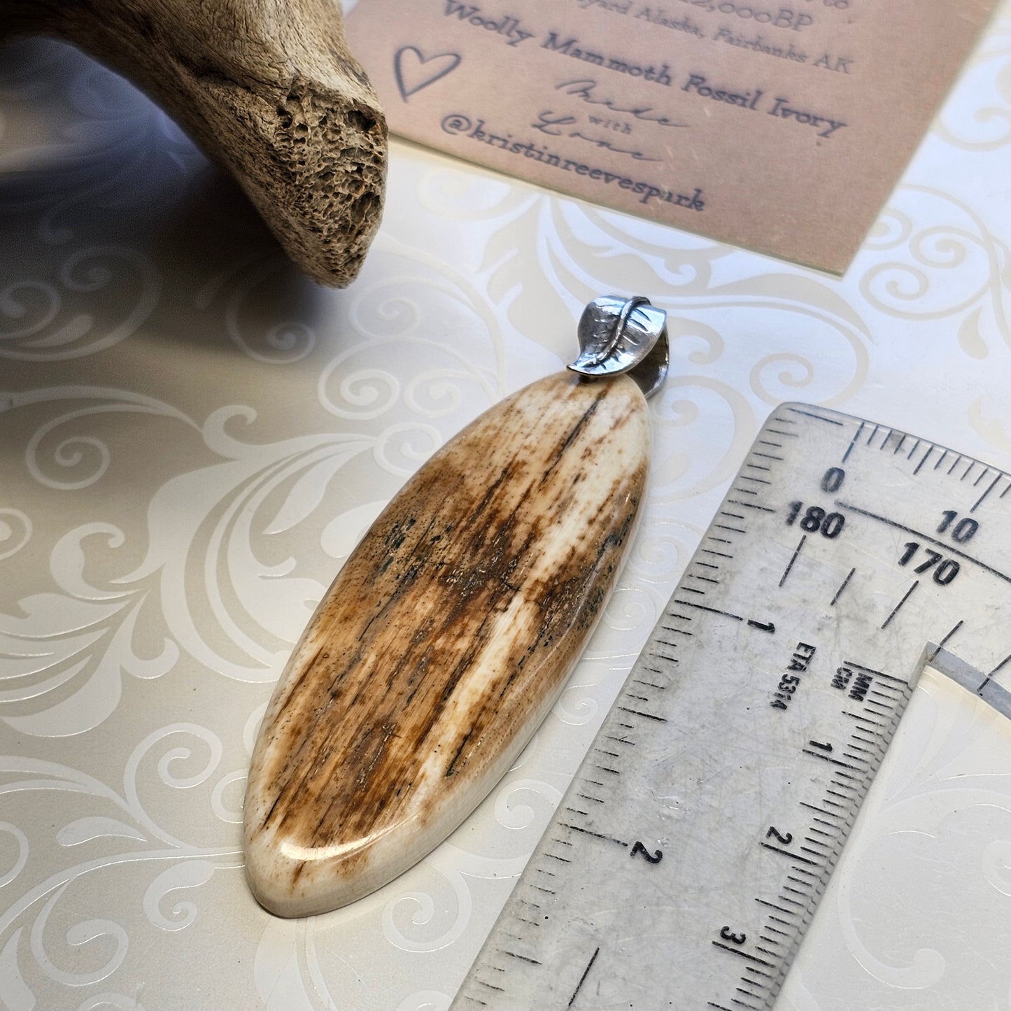 Boneyard Alaska Woolly Mammoth Ivory Oval Pendant with Silver Leaf Bale