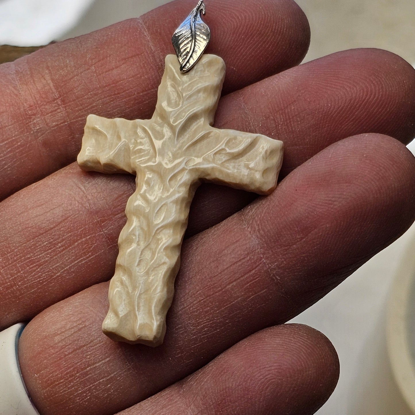 Boneyard Alaska Woolly Mammoth Ivory Carved Christian Cross Pendant