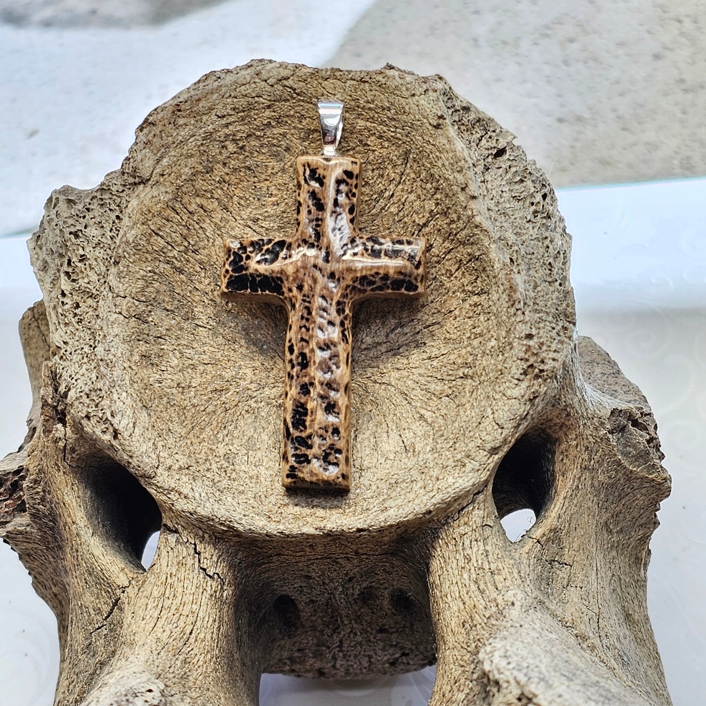 Boneyard Alaska Woolly Mammoth Ivory Carved Christian Cross Pendant