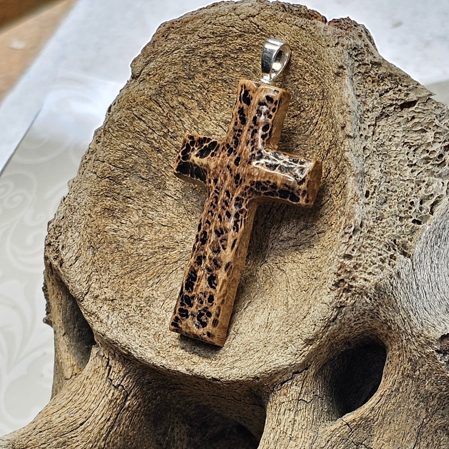 Boneyard Alaska Woolly Mammoth Ivory Carved Christian Cross Pendant