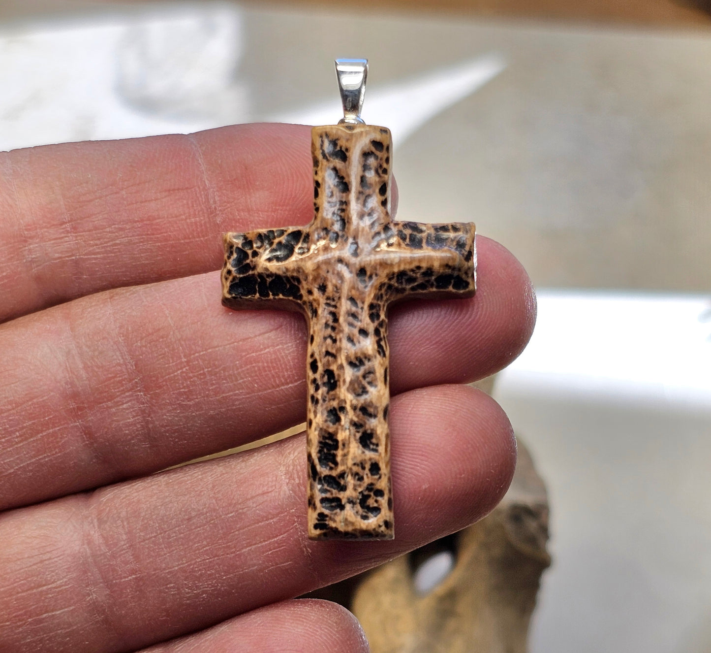 Boneyard Alaska Woolly Mammoth Ivory Carved Christian Cross Pendant