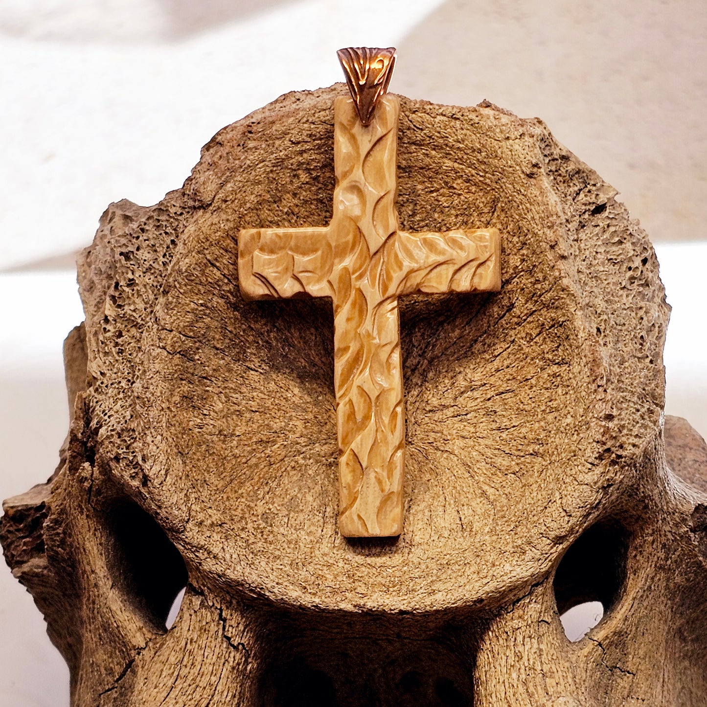 Boneyard Alaska Woolly Mammoth Ivory Carved Christian Cross Pendant