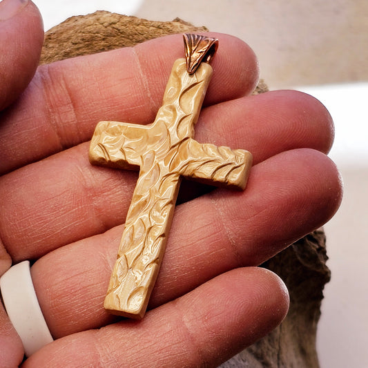 Boneyard Alaska Woolly Mammoth Ivory Carved Christian Cross Pendant