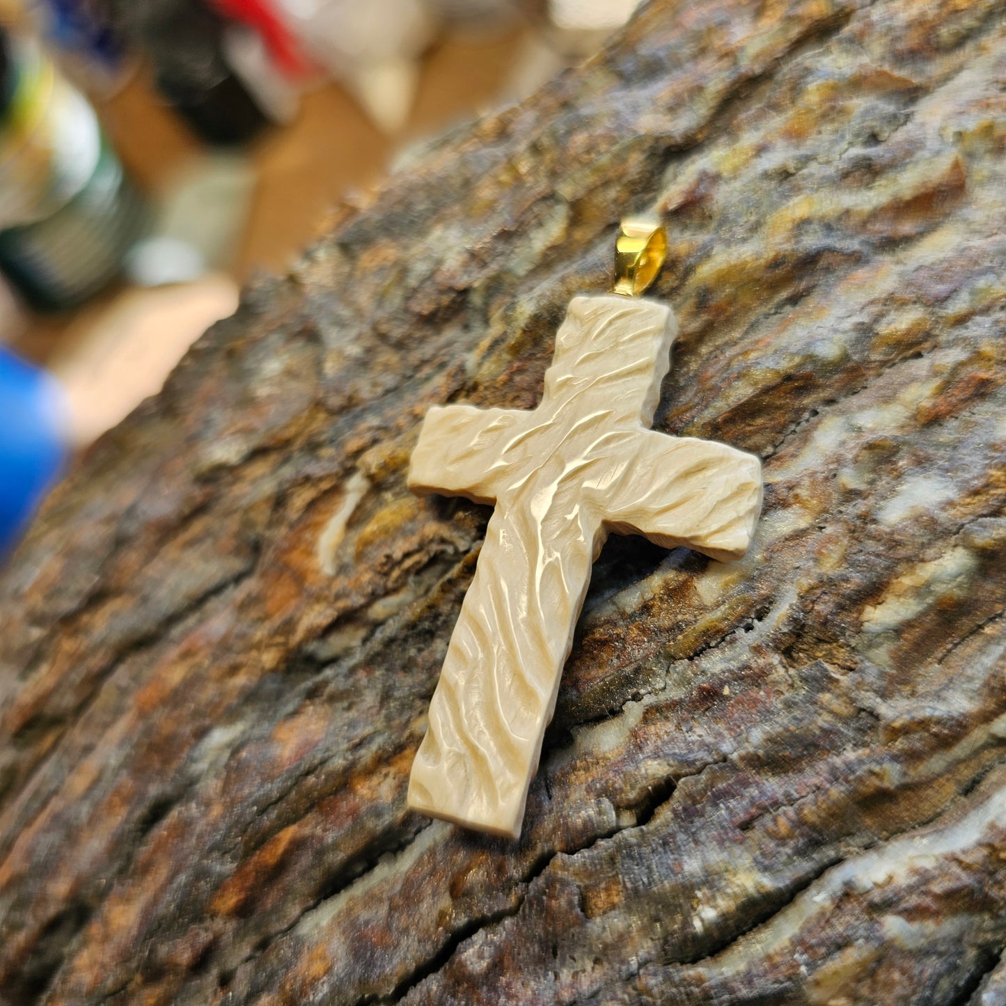 Boneyard Alaska Woolly Mammoth Ivory Carved Christian Cross Pendant