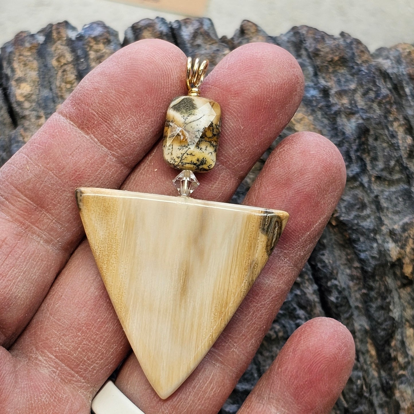 Boneyard Alaska Woolly Mammoth Trillion Pendant with Oregon Agate