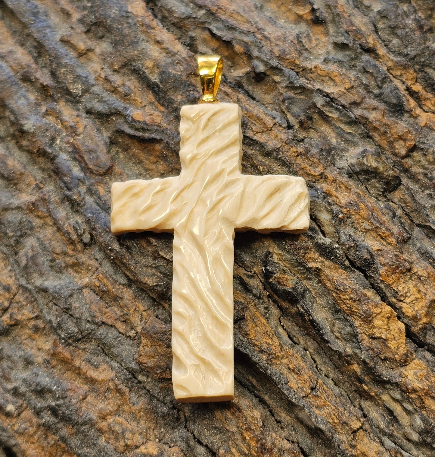 Boneyard Alaska Woolly Mammoth Ivory Carved Christian Cross Pendant