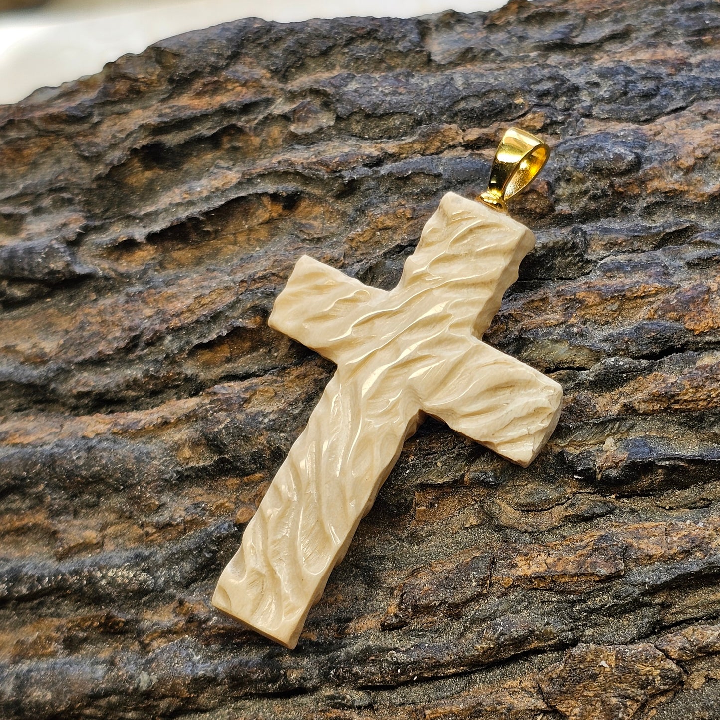 Boneyard Alaska Woolly Mammoth Ivory Carved Christian Cross Pendant