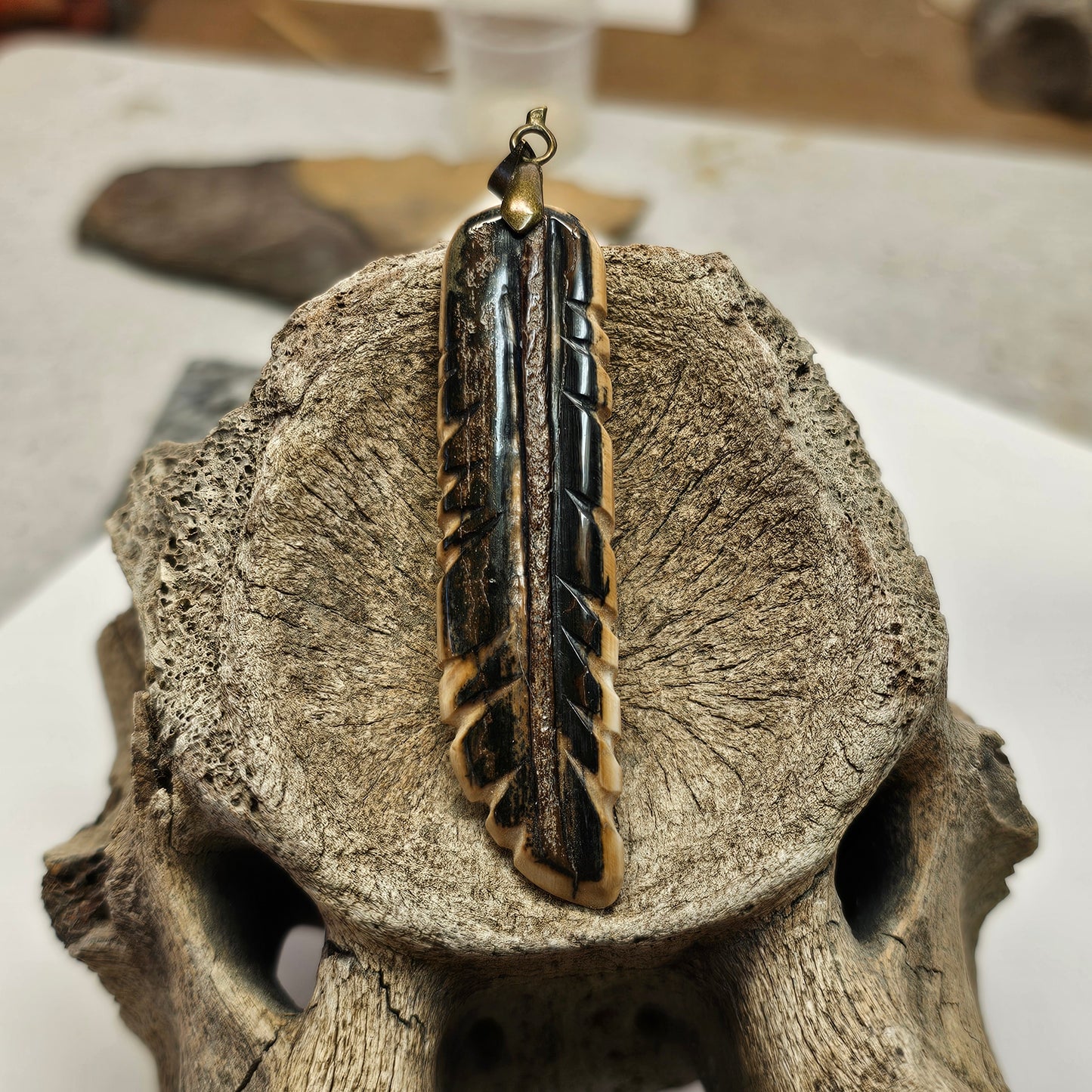 Boneyard Alaska Woolly Mammoth Ivory Carved Feather Pendant