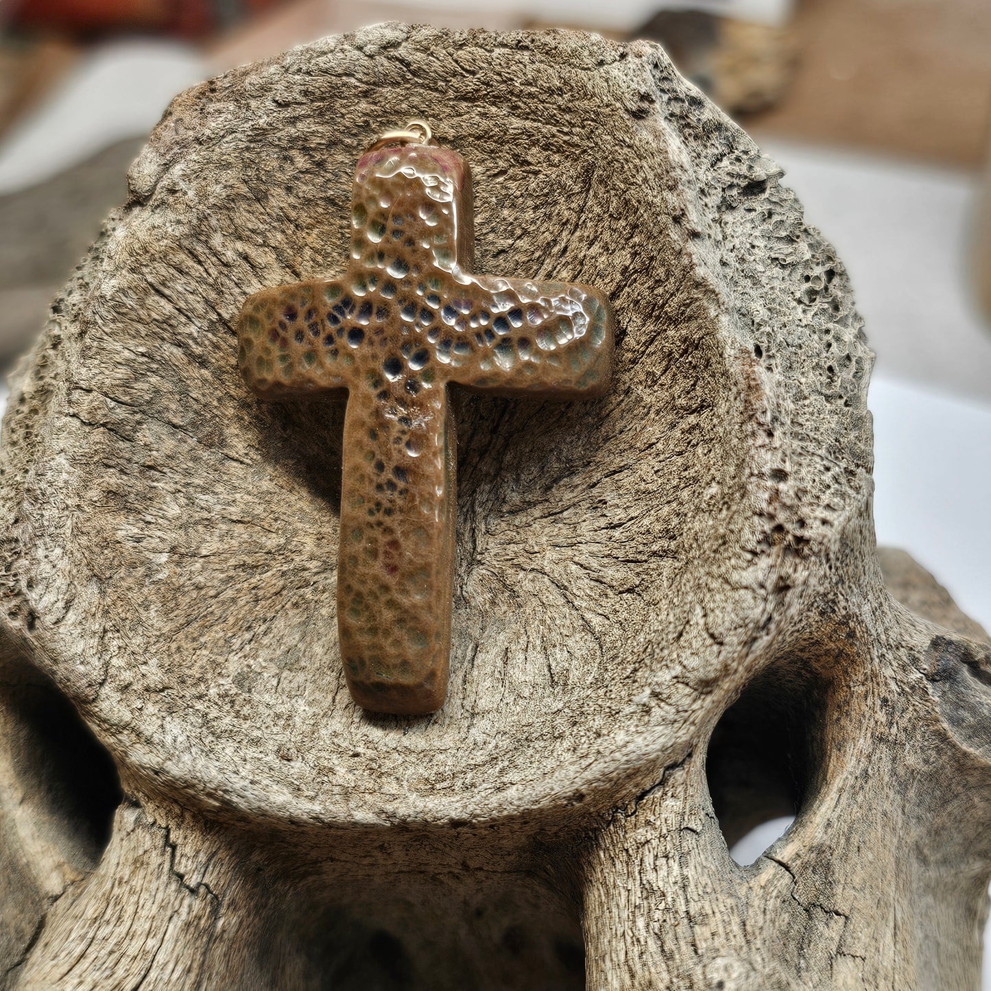 Boneyard Alaska Woolly Mammoth Ivory Carved Christian Cross Pendant