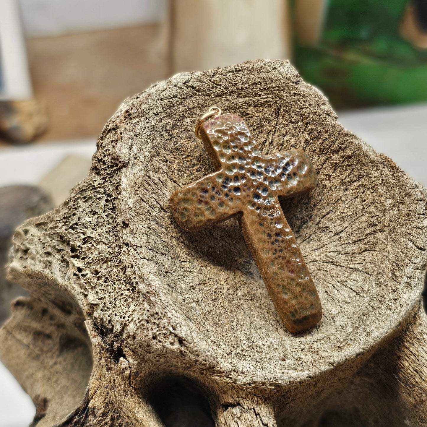 Boneyard Alaska Woolly Mammoth Ivory Carved Christian Cross Pendant