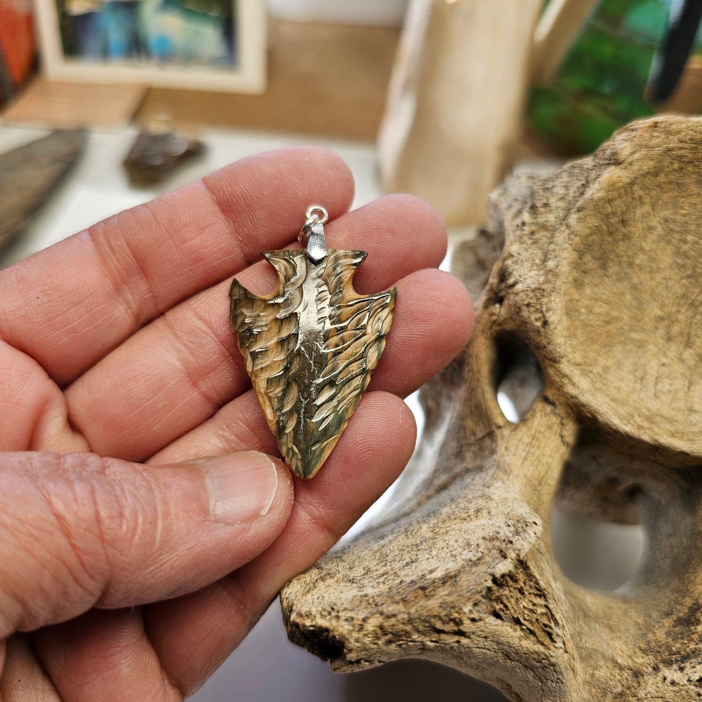 Alaska Boneyard Carved Mammoth Ivory Arrowhead Pendant 