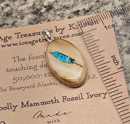 Boneyard Alaska Woolly Mammoth Ivory Cabochon and Turquoise Inlay Pendant