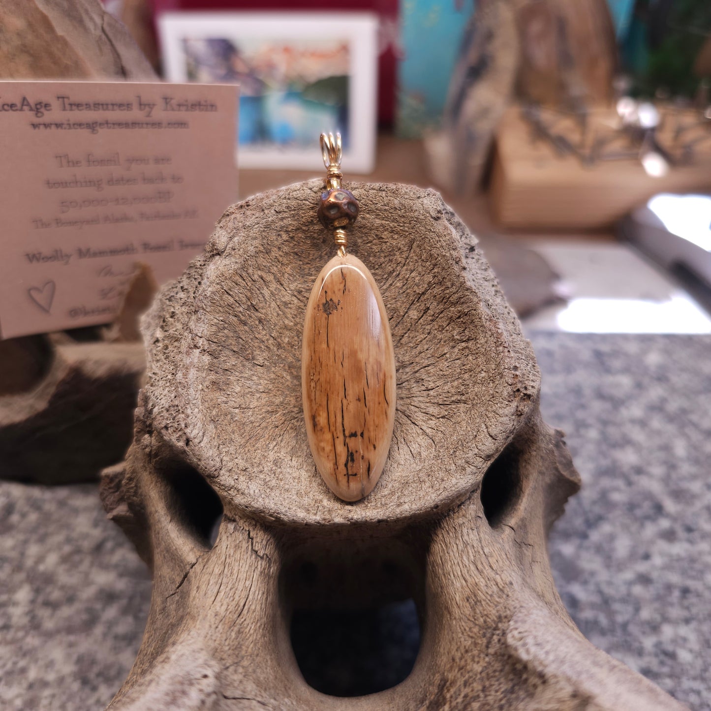 Boneyard Alaska Woolly Mammoth Ivory Carved Feather and Antique Copper Bead Pendant