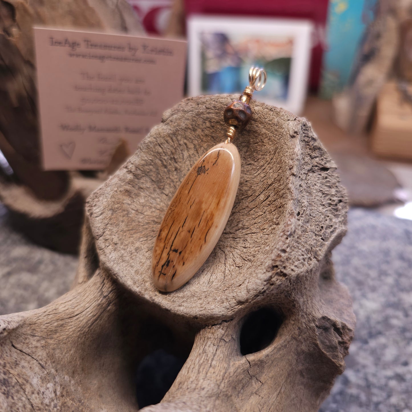 Boneyard Alaska Woolly Mammoth Ivory Carved Feather and Antique Copper Bead Pendant