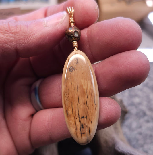 Boneyard Alaska Woolly Mammoth Ivory Carved Feather and Antique Copper Bead Pendant