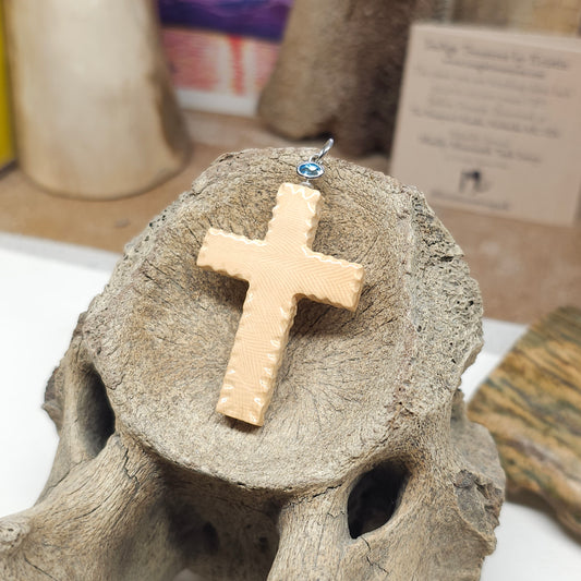 Boneyard Alaska Woolly Mammoth Ivory Carved Christian Cross with Glacier Blue Bale
