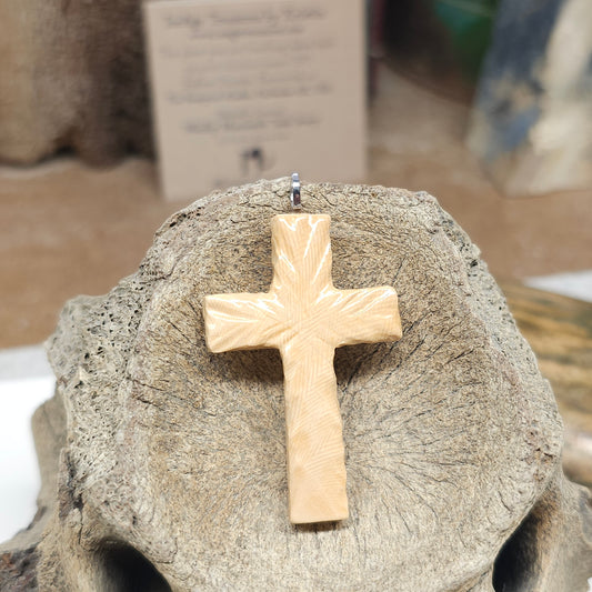 Boneyard Alaska Woolly Mammoth Ivory Carved Christian Cross Pendant