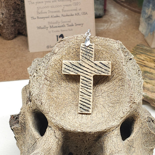 Boneyard Alaska Woolly Mammoth Ivory Carved Christian Cross Pendant