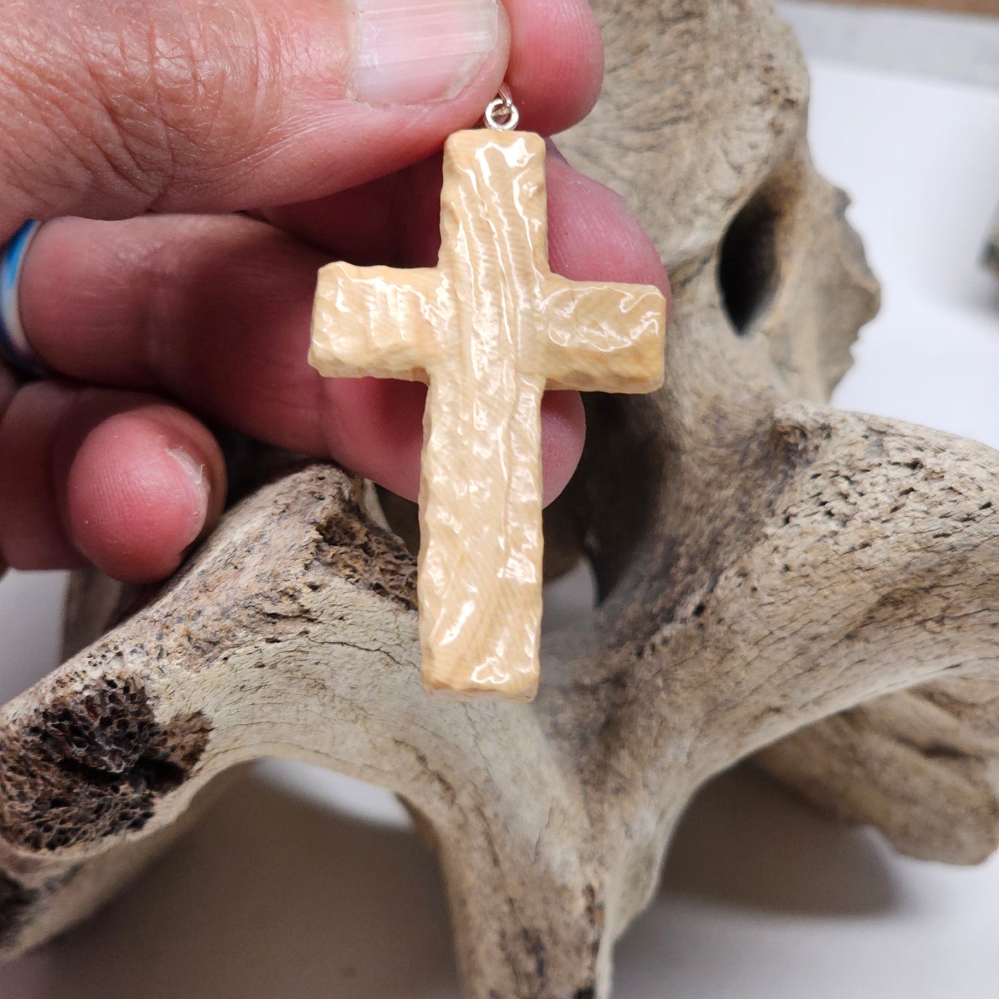 Boneyard Alaska Woolly Mammoth Ivory Carved Christian Cross Pendant