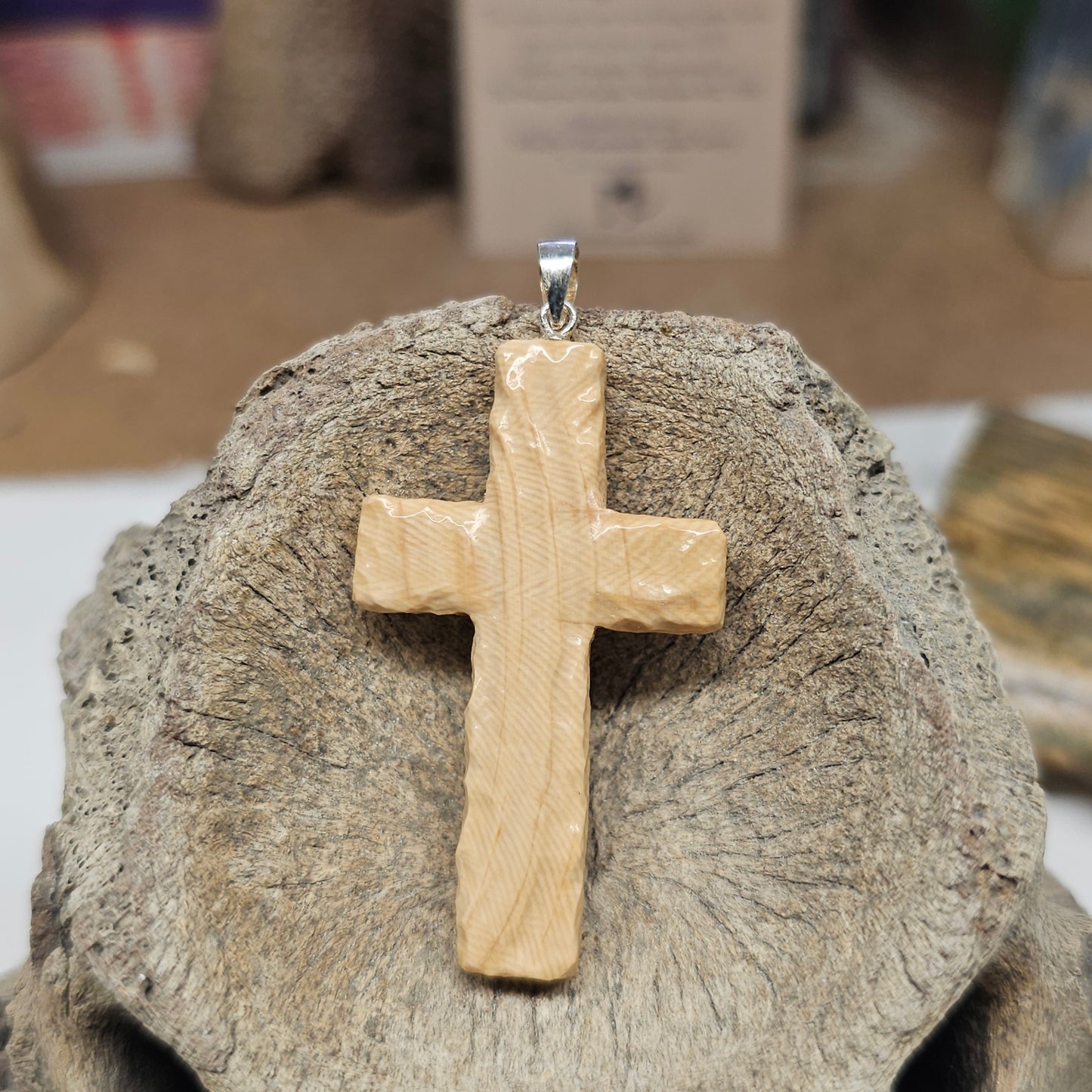 Boneyard Alaska Woolly Mammoth Ivory Carved Christian Cross Pendant