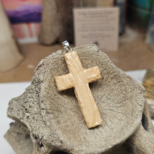 Boneyard Alaska Woolly Mammoth Ivory Carved Christian Cross Pendant