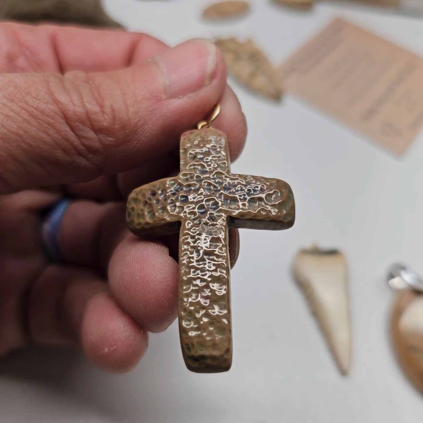 Boneyard Alaska Woolly Mammoth Ivory Carved Christian Cross Pendant