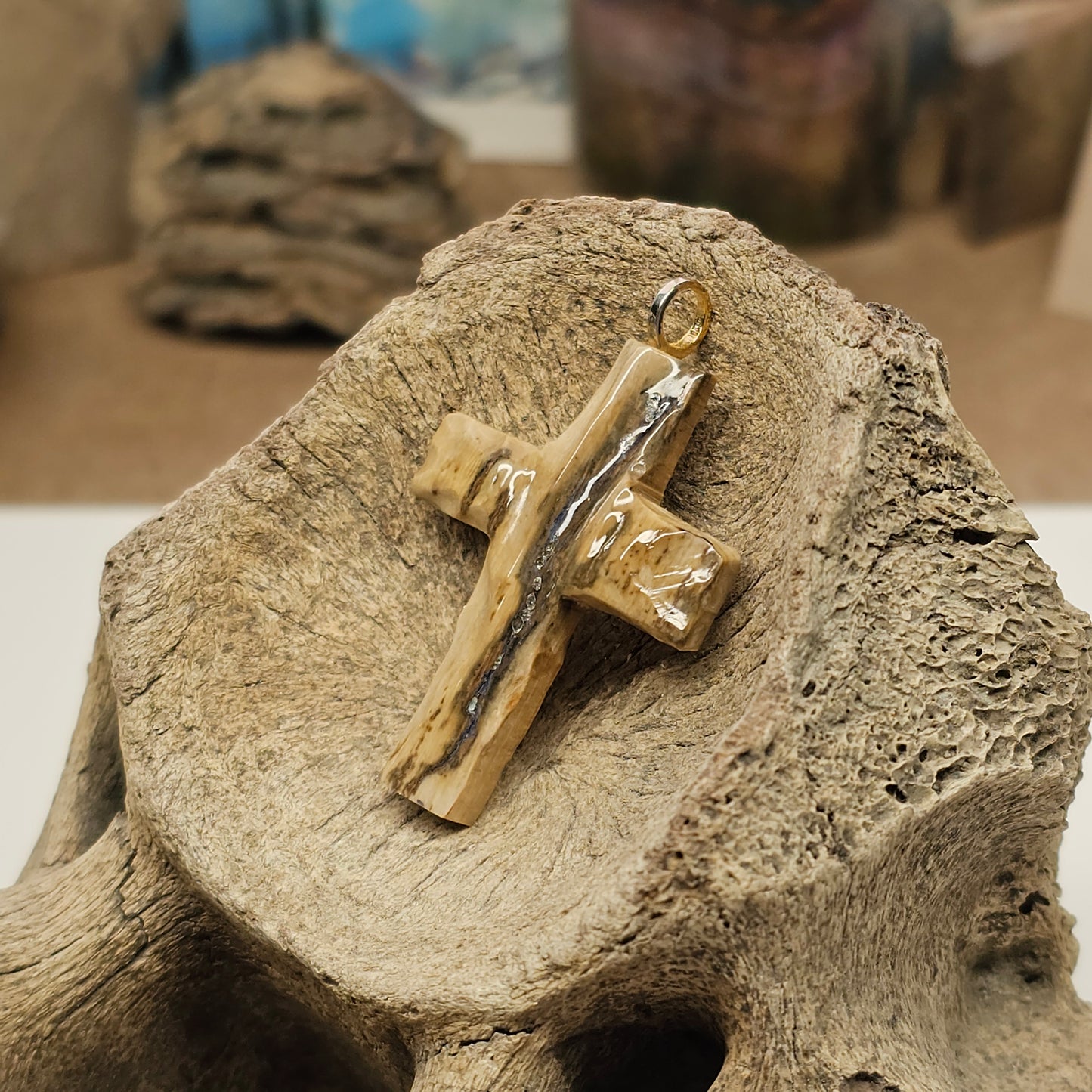 Boneyard Alaska Woolly Mammoth Ivory Carved Christian Cross Pendant