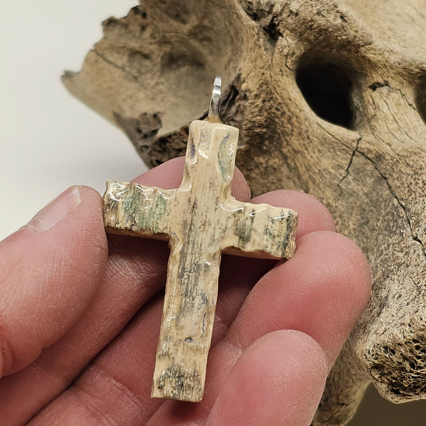 Boneyard Alaska Woolly Mammoth Ivory Carved Christian Cross Pendant