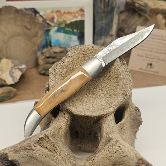 Carry a piece of the Ice Age with this Texas Toothpick folding pocket knife—where 10,000-year-old Woolly Mammoth fossil ivory meets the beauty of traditional San Mai 3-layer forged steel