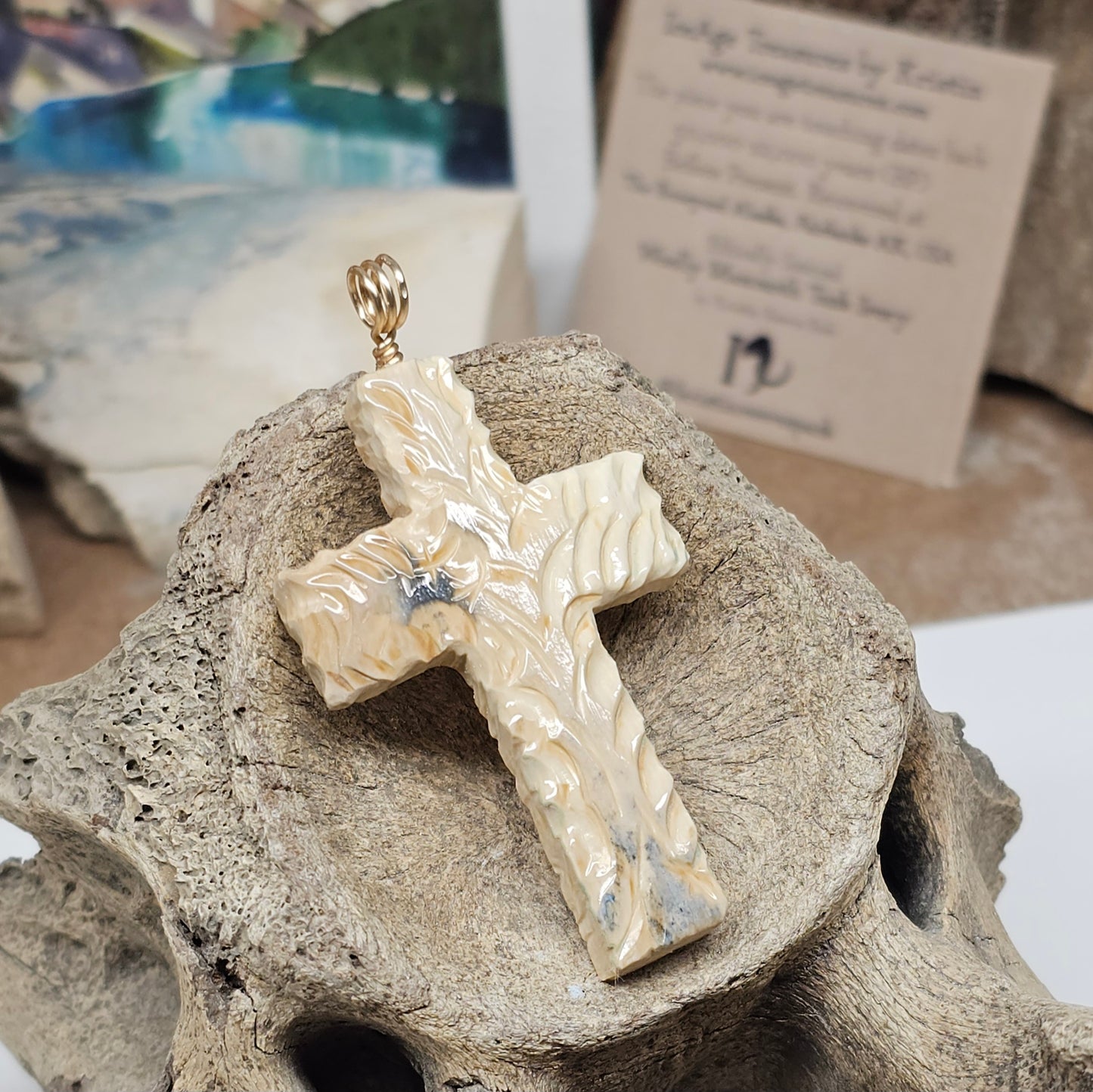 Boneyard Woolly Mammoth Fossil Ivory Christian Cross Pendant - Carved