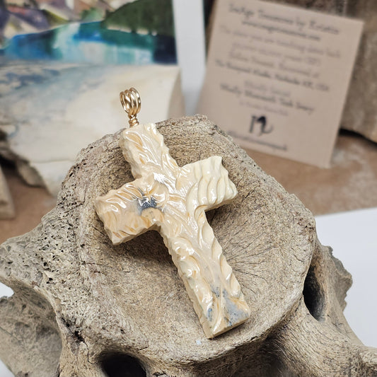 Boneyard Woolly Mammoth Fossil Ivory Christian Cross Pendant - Carved