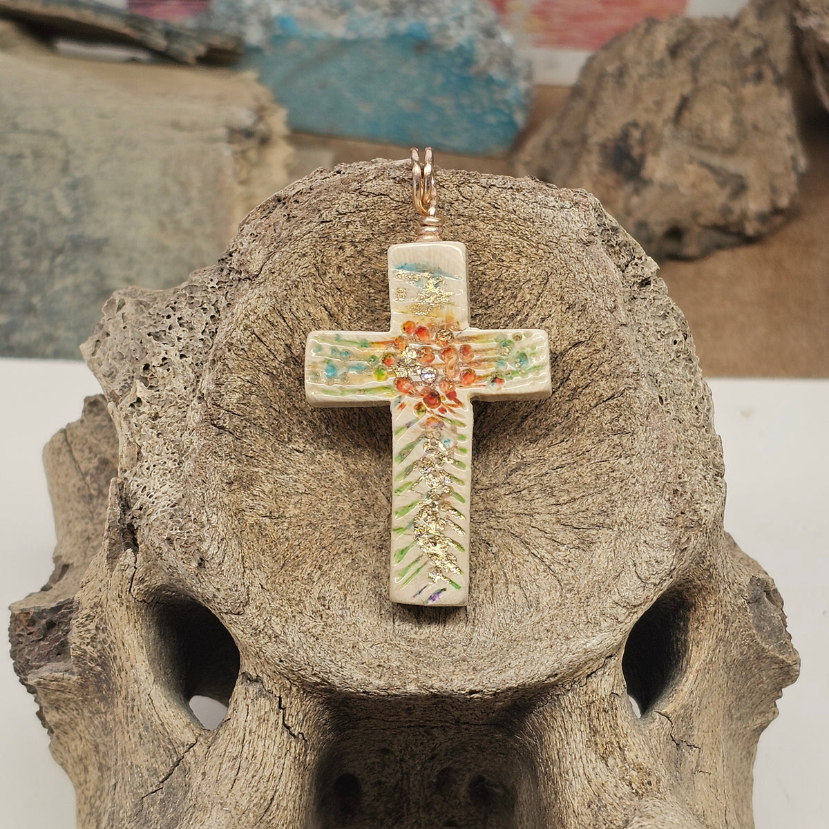 Gilded Woolly Mammoth Fossil Ivory Christian Cross Pendant | Ice Age Treasures