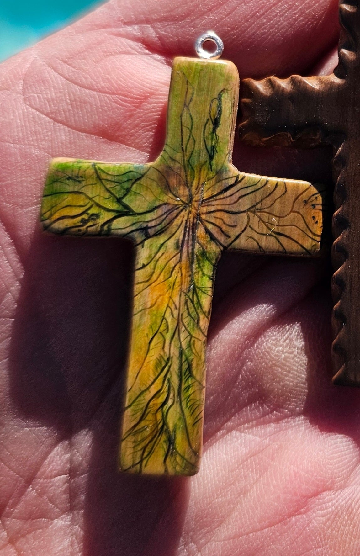 Boneyard Alaska Woolly Mammoth Ivory Scribed and Inked Christian Cross Pendant