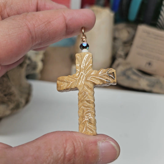 Woolly Mammoth Ivory Carved Christian Cross Pendant Vintage Bead | Ice Age Treasures