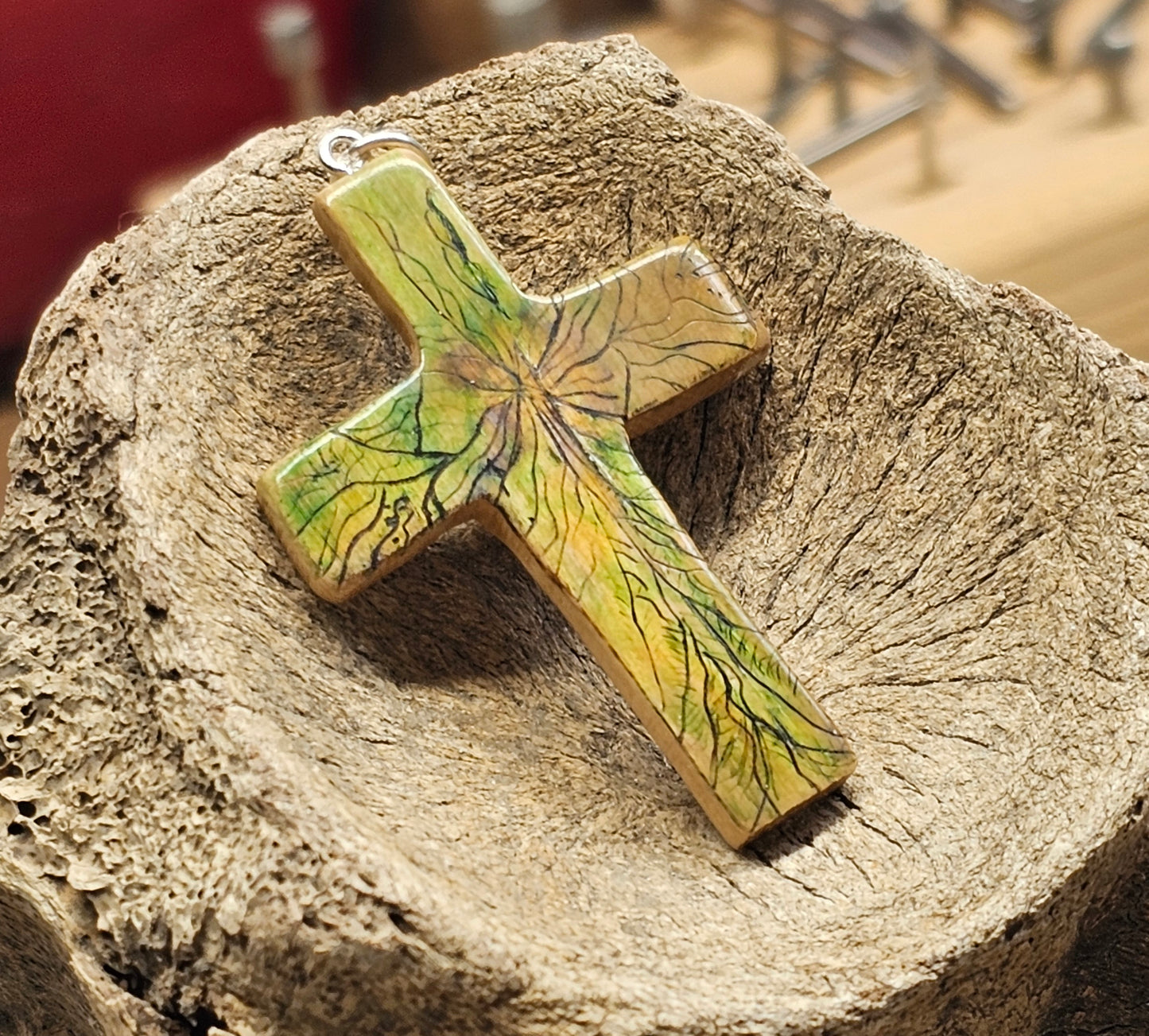 Boneyard Alaska Woolly Mammoth Ivory Scribed and Inked Christian Cross Pendant