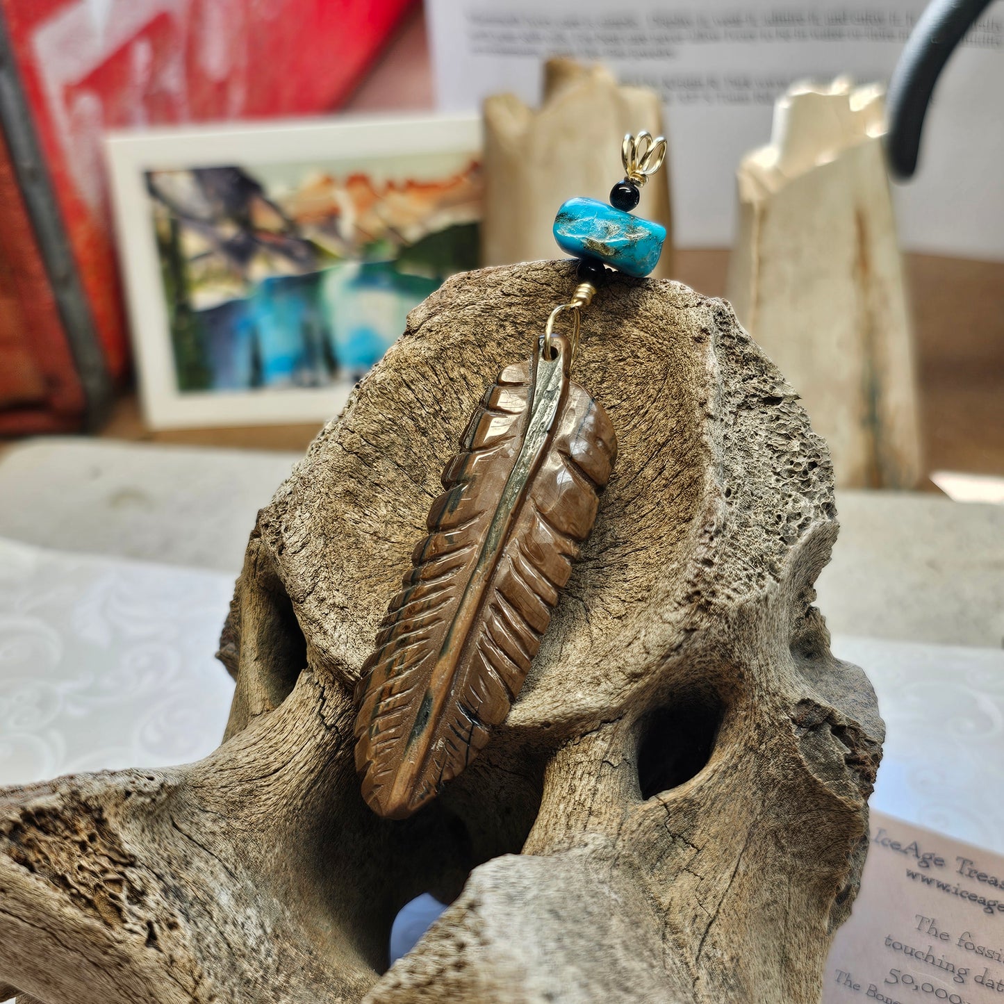 Boneyard Alaska Woolly Mammoth Ivory Carved Feather and Turquoise Pendant