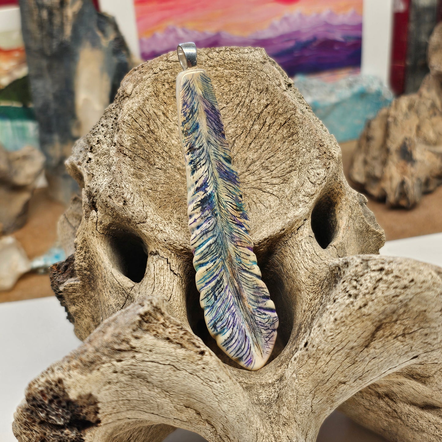 Woolly Mammoth Carved and Inked Feather Pendant