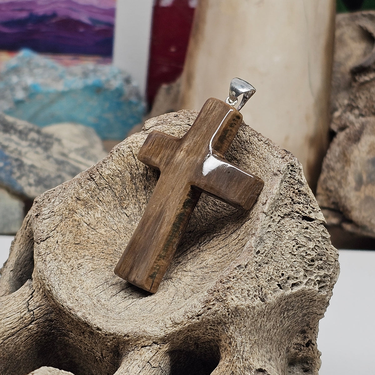 Woolly Mammoth Fossil Ivory Carved Christian Cross Pendant | Ice Age Treasures