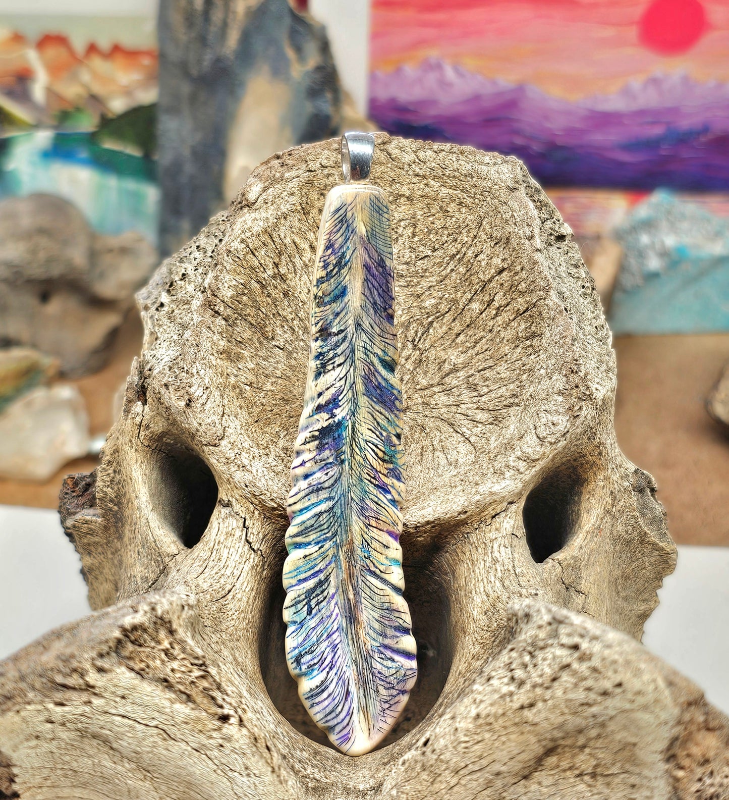 Woolly Mammoth Fossil ivory Carved, skrimmed and colored by Kristin Reeves Park  iceagetreasures.com 