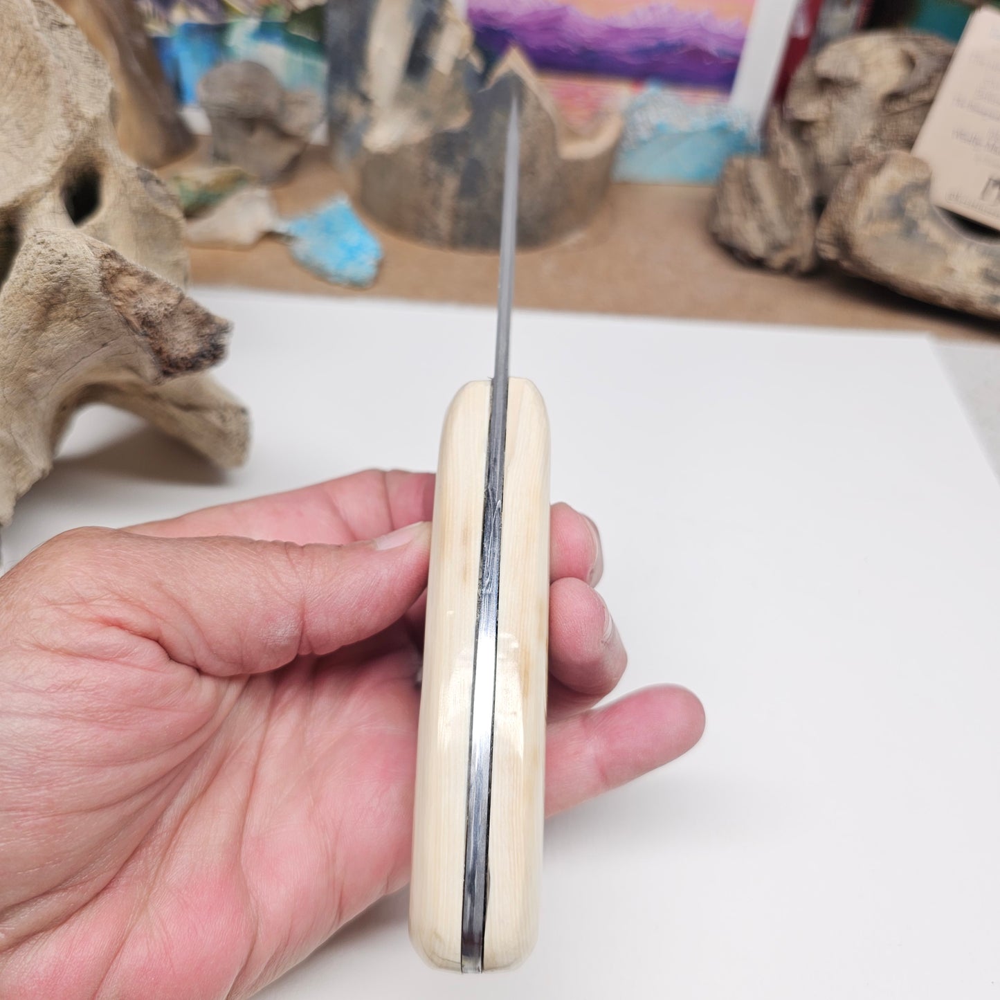 Woolly Mammoth Fossil Ivory Grip Damascus Blade Knife | Boneyard Alaska