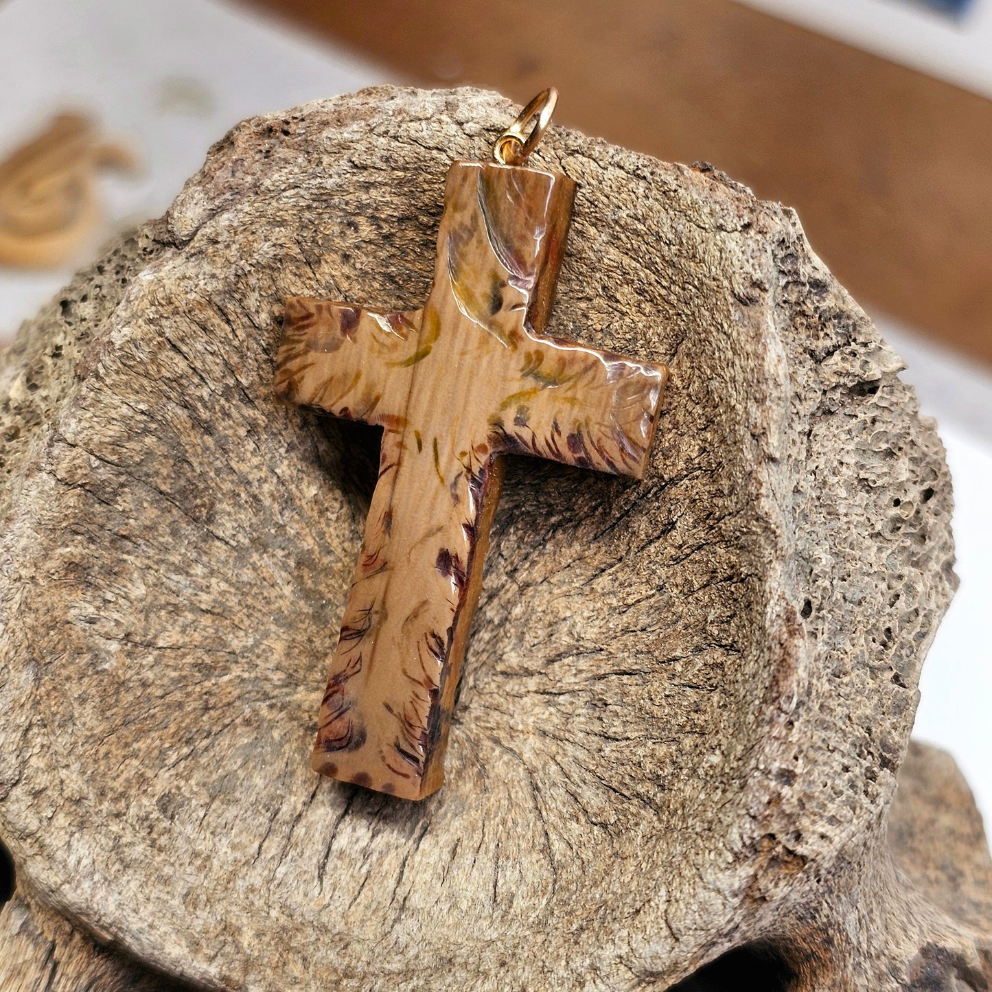 Boneyard Alaska Woolly Mammoth Ivory Scribed and Inked Christian Cross Pendant