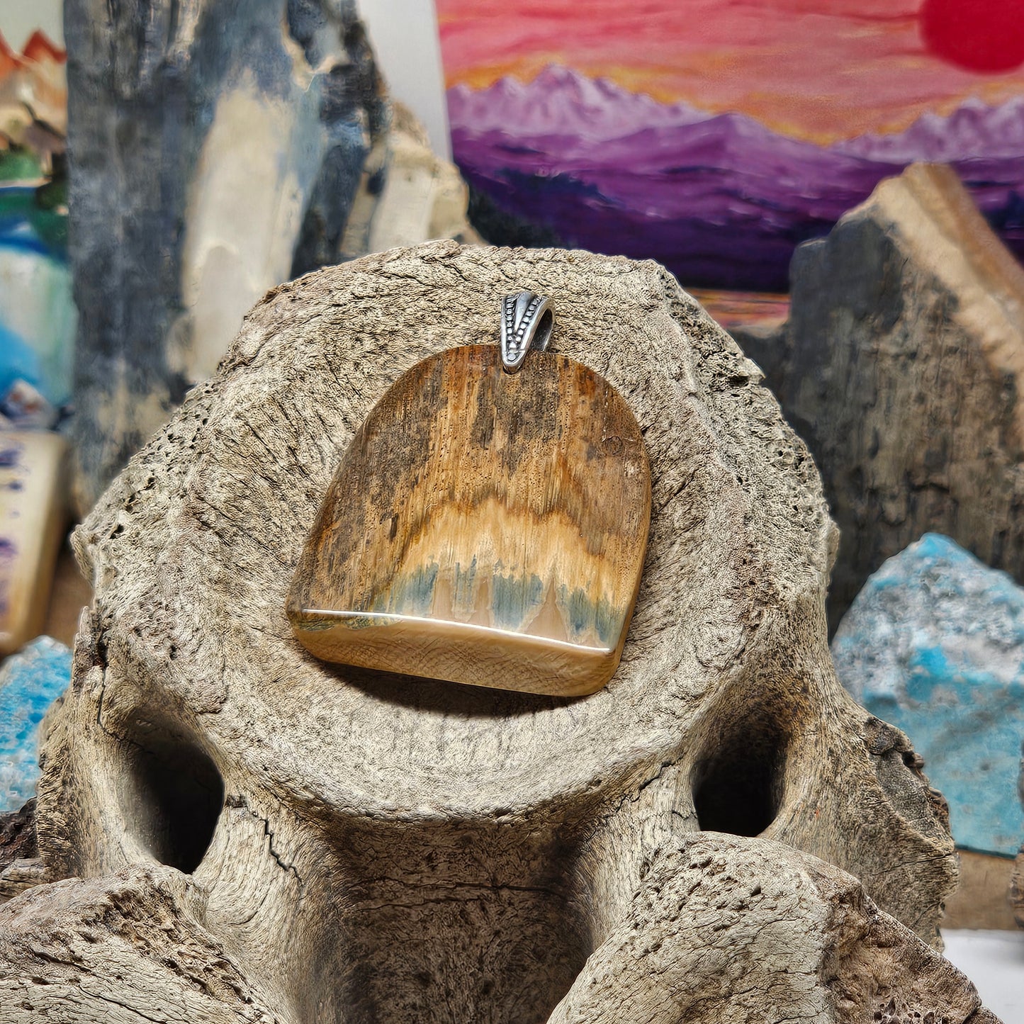 Woolly Mammoth Fossil Ivory Bark Pendant "The Lake" | Ice Age Treasures