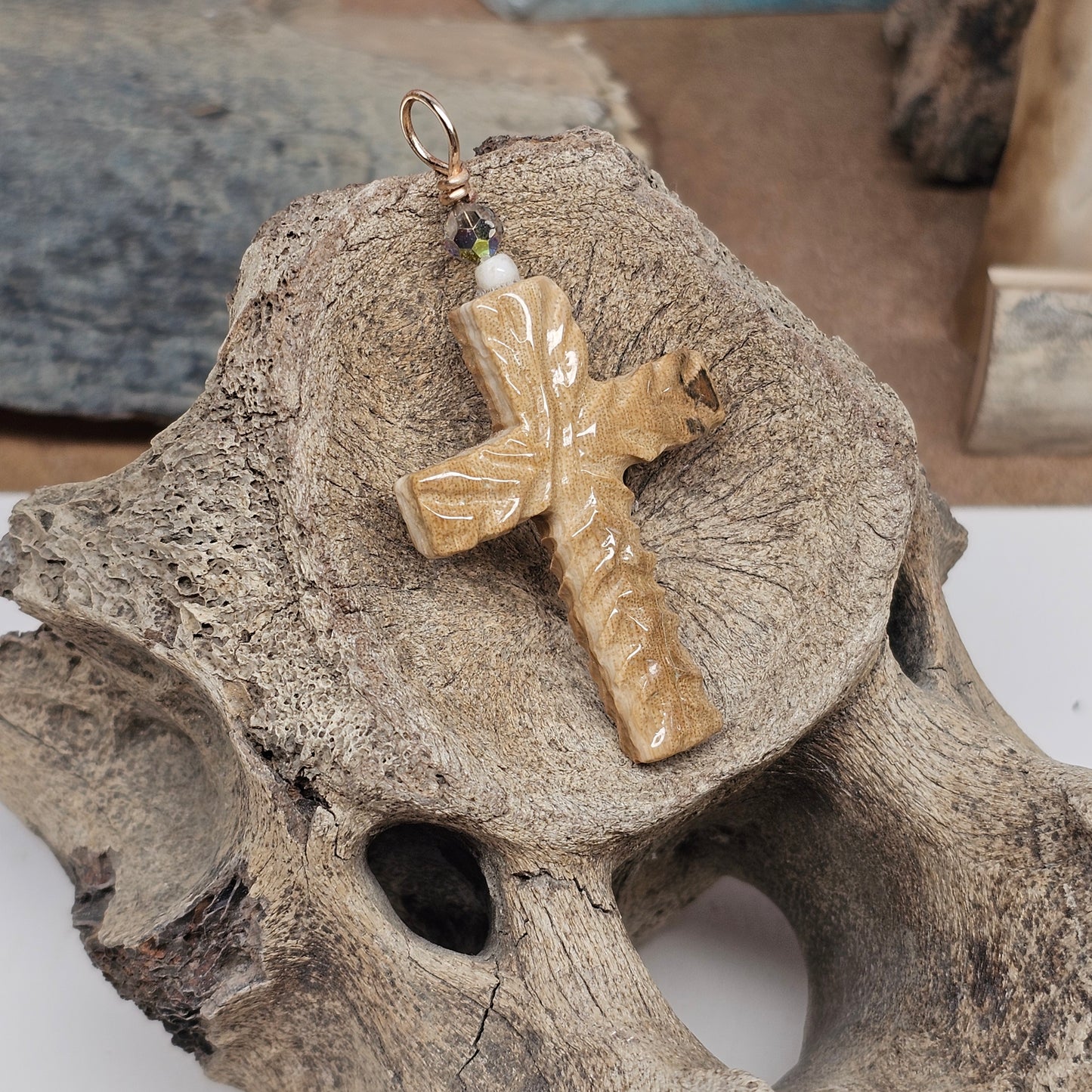 Woolly Mammoth Ivory Carved Christian Cross Pendant Vintage Bead | Ice Age Treasures