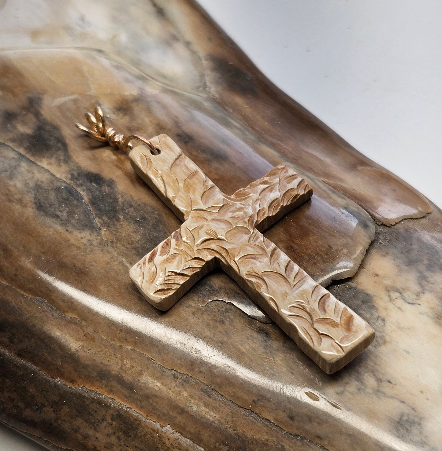 Boneyard Alaska Woolly Mammoth Ivory Carved Christian Cross Pendant