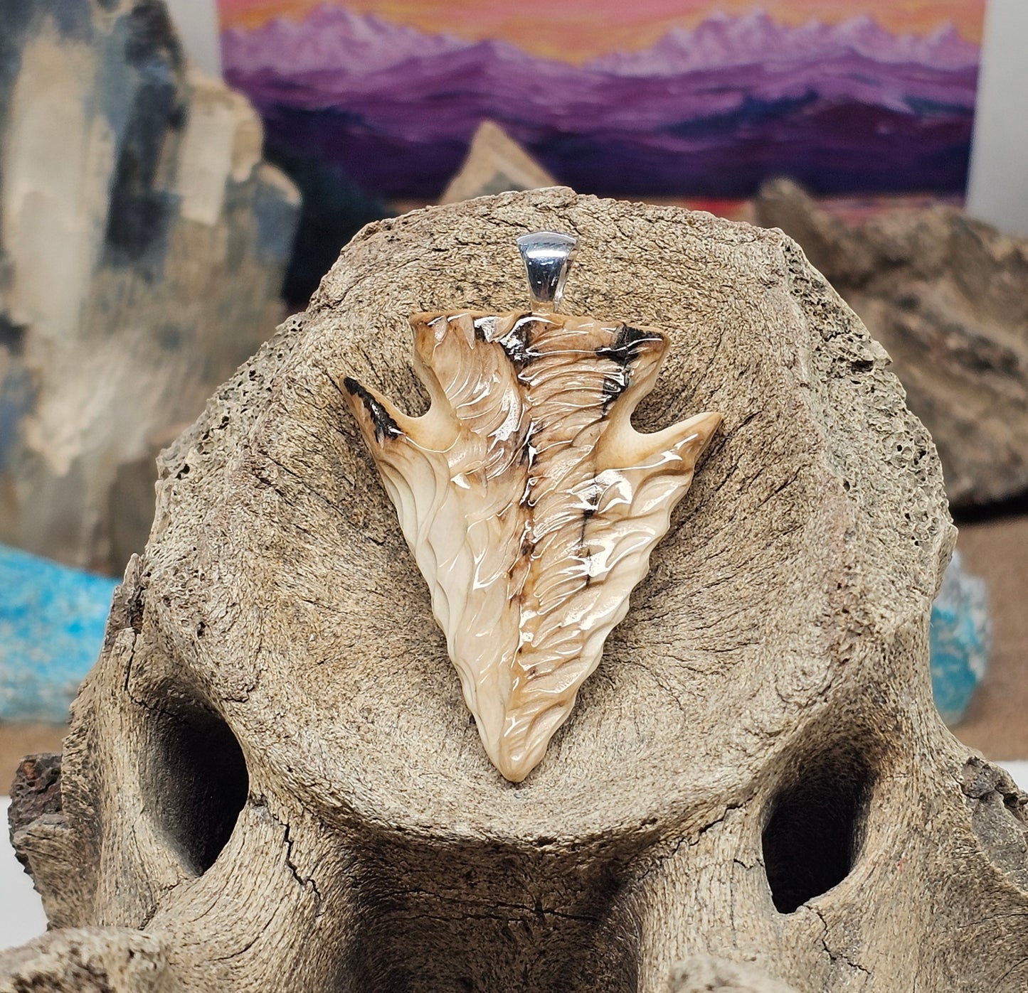 Boneyard Alaska Woolly Mammoth Carved Fossil Ivory Arrowhead Pendant