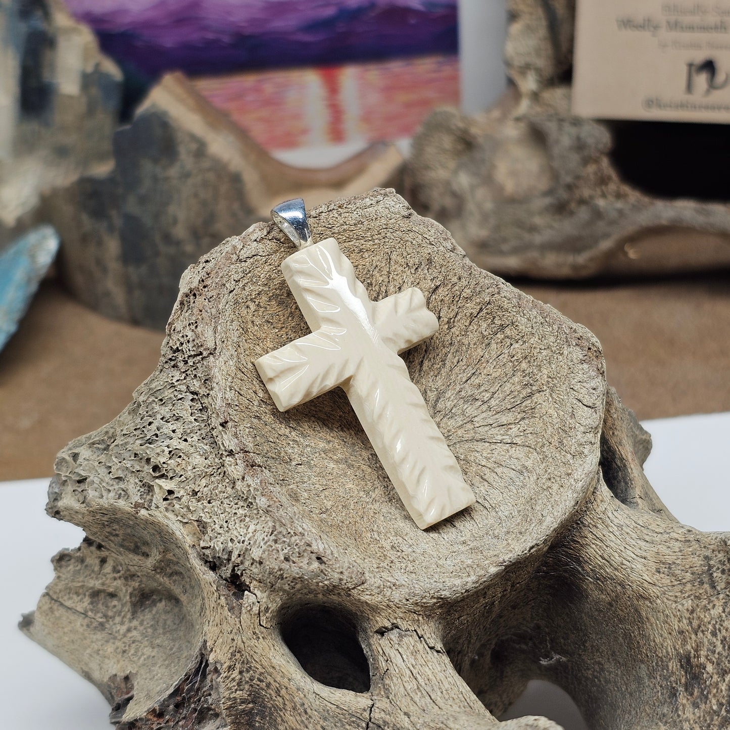 Carved Fossil Ivory Christian Cross Pendant – Faceted Form | Ice Age Treasures