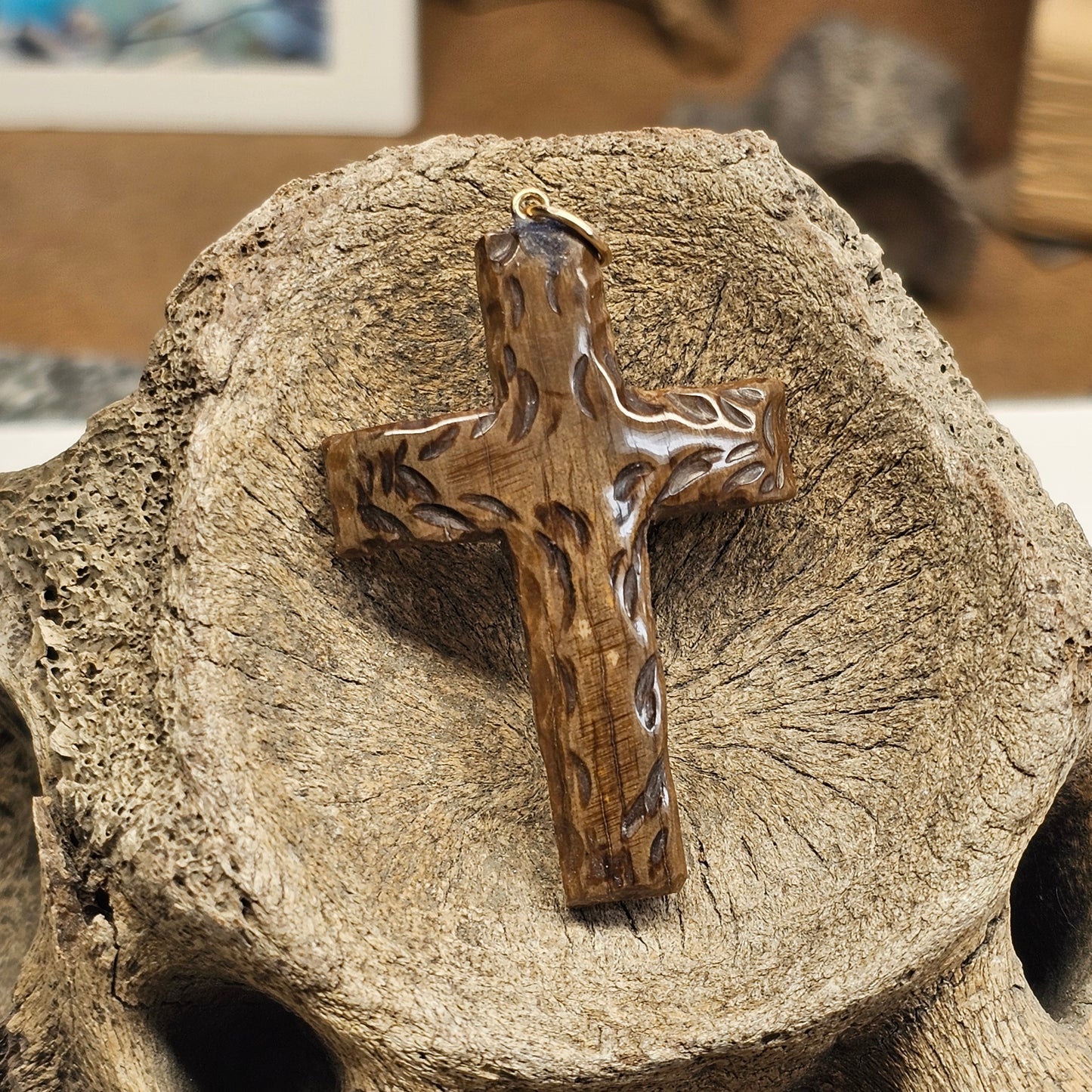 Boneyard Alaska Woolly Mammoth Ivory Carved Christian Cross Pendant