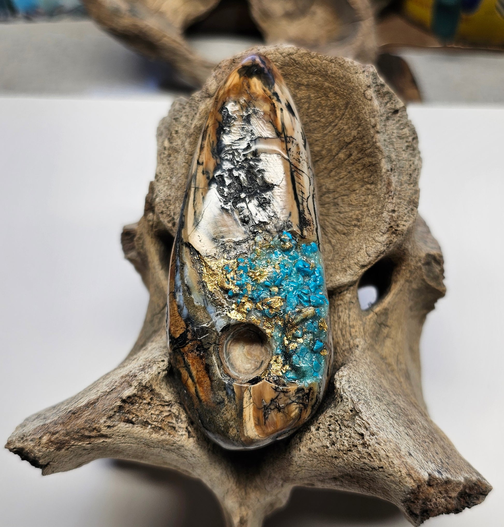 Woolly Mammoth Tooth Bowl with Turquoise and gold inlay